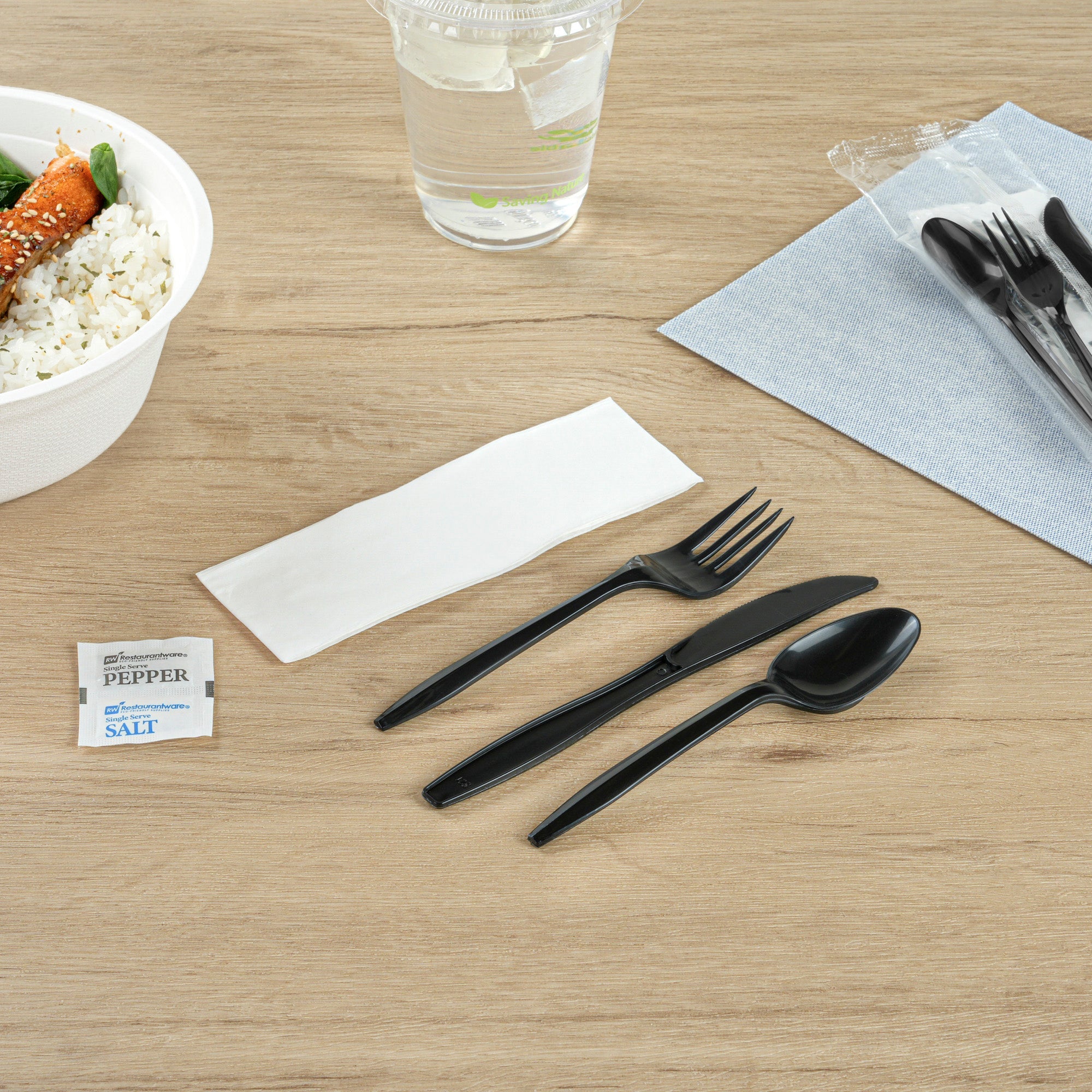Chef 101 Black Plastic Cutlery Set - with Napkin and Salt / Pepper Packets, Medium Weight, Wrapped - 6 1/2" - 500 count box