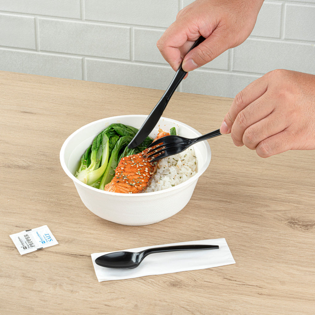 Chef 101 Black Plastic Cutlery Set - with Napkin and Salt / Pepper Packets, Medium Weight, Wrapped - 6 1/2" - 500 count box