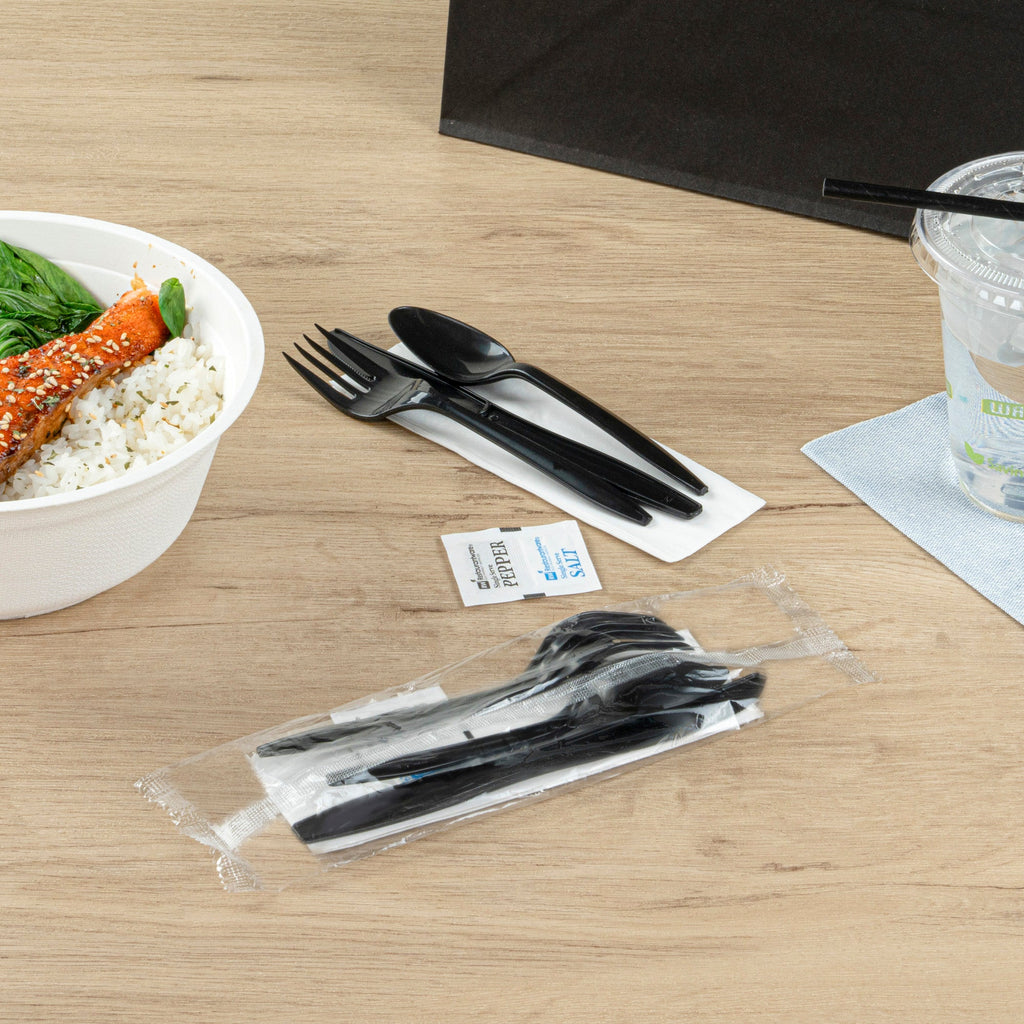 Chef 101 Black Plastic Cutlery Set - with Napkin and Salt / Pepper Packets, Medium Weight, Wrapped - 6 1/2" - 500 count box