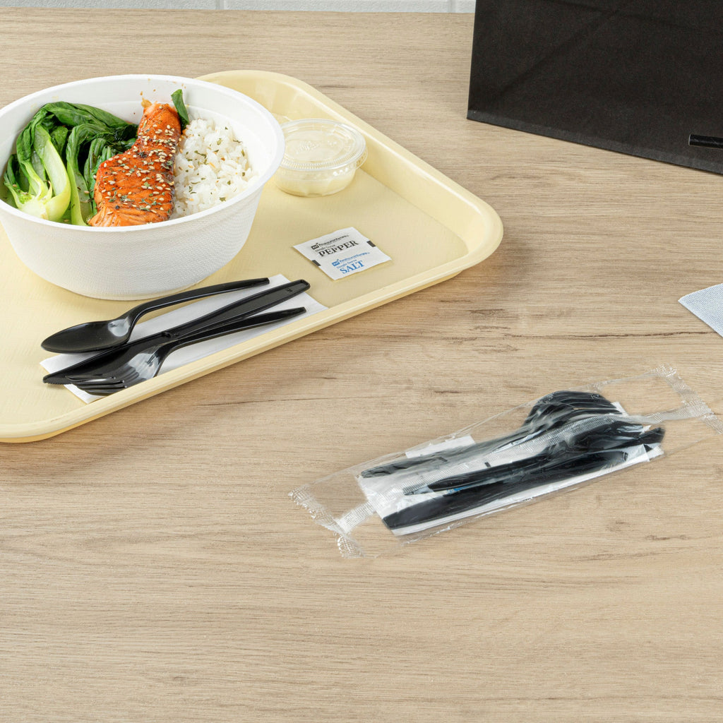 Chef 101 Black Plastic Cutlery Set - with Napkin and Salt / Pepper Packets, Medium Weight, Wrapped - 6 1/2" - 500 count box