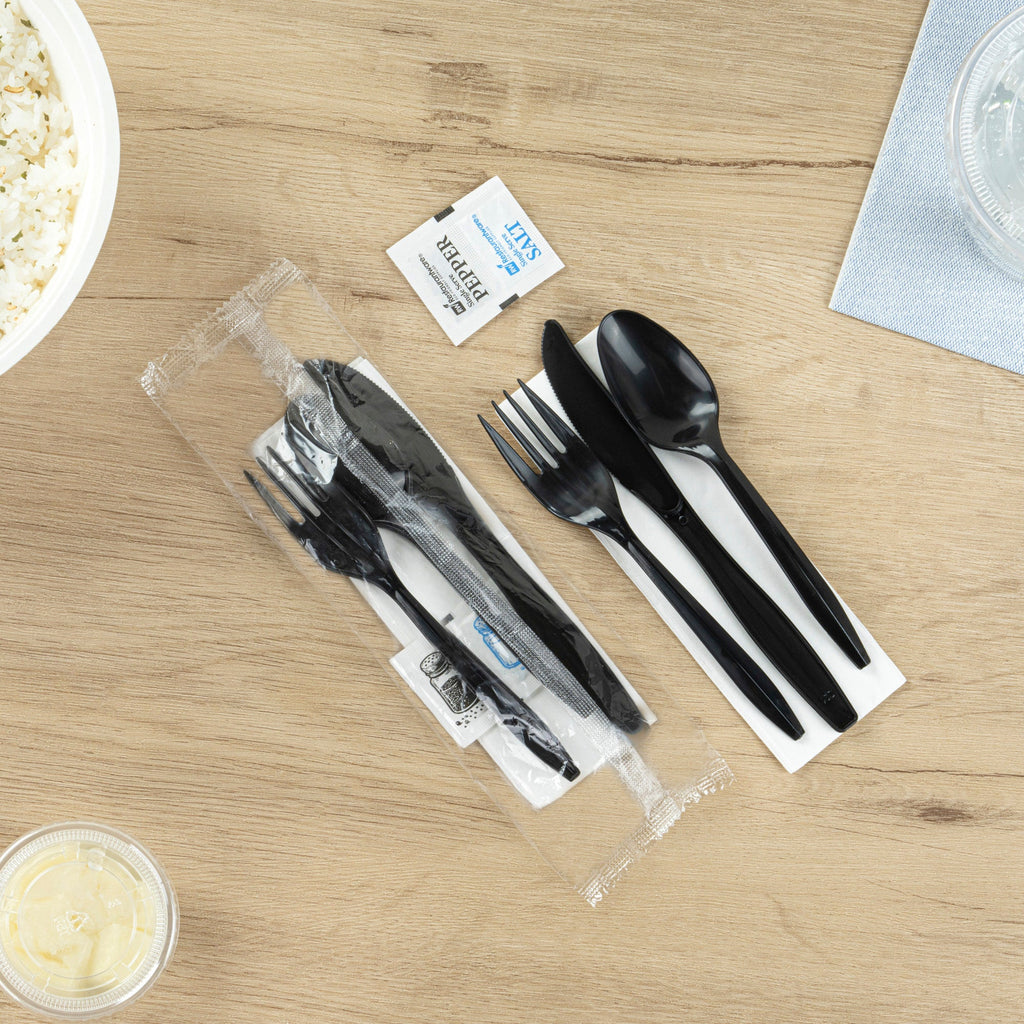 Chef 101 Black Plastic Cutlery Set - with Napkin and Salt / Pepper Packets, Medium Weight, Wrapped - 6 1/2" - 500 count box