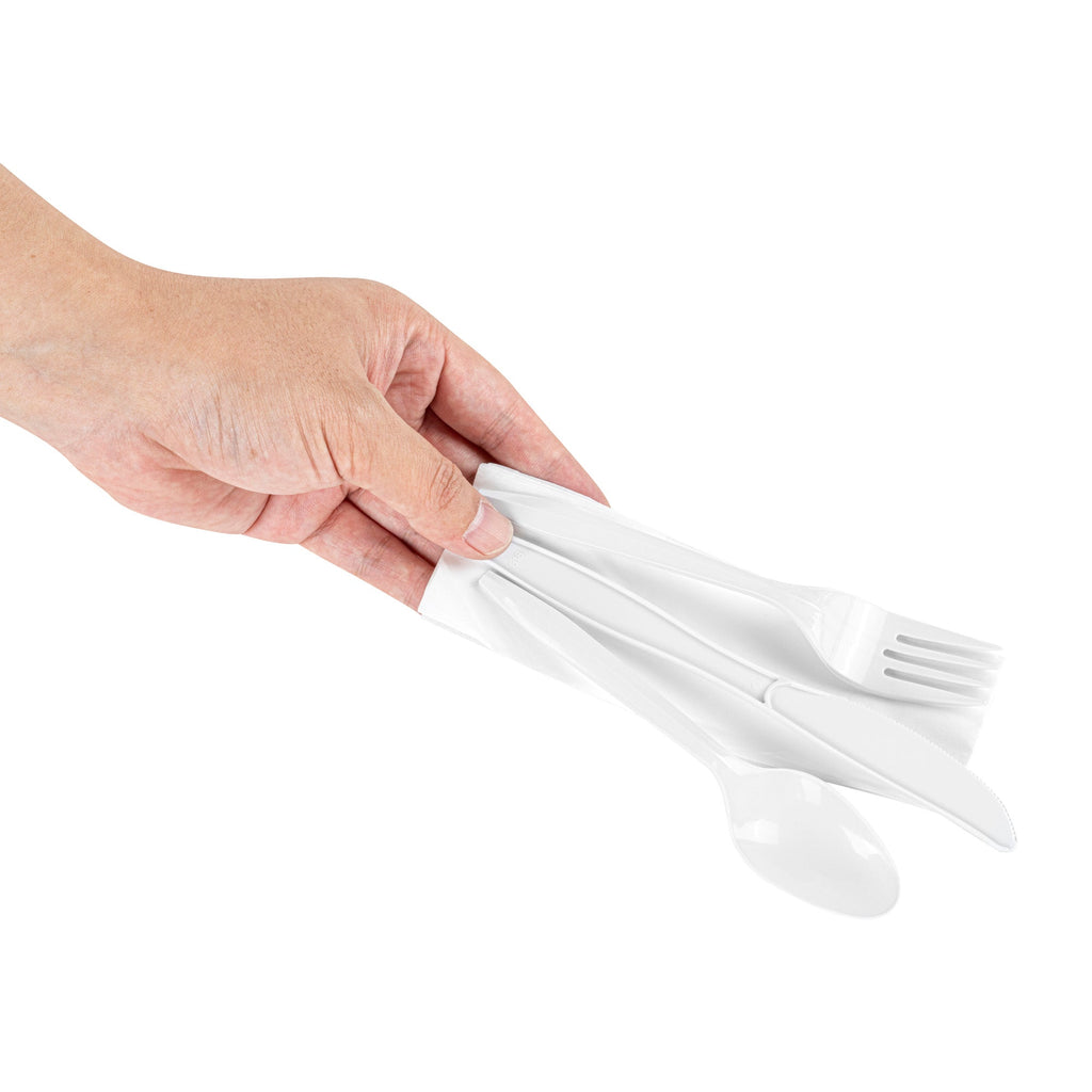 Chef 101 White Plastic Cutlery Set - with Napkin and Salt / Pepper Packets, Medium Weight, Wrapped - 6 1/2" - 250 count box
