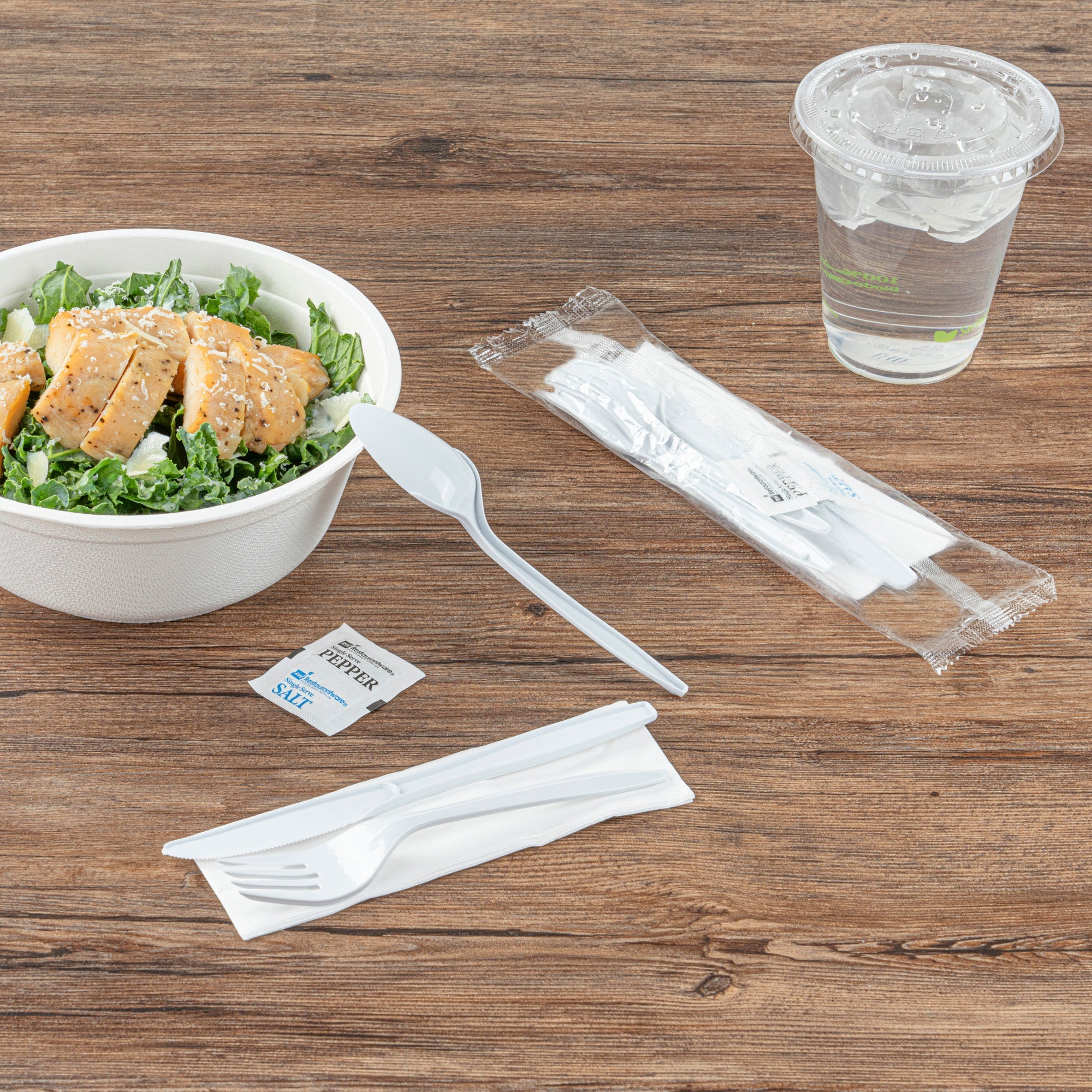 Chef 101 White Plastic Cutlery Set - with Napkin and Salt / Pepper Packets, Medium Weight, Wrapped - 6 1/2" - 250 count box