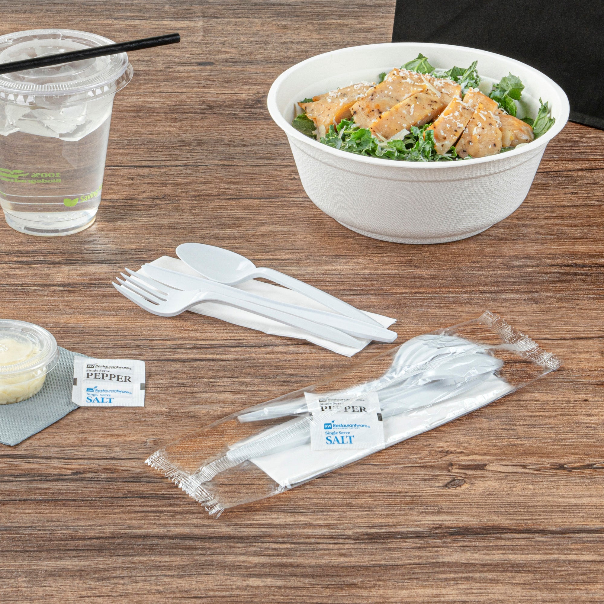 Chef 101 White Plastic Cutlery Set - with Napkin and Salt / Pepper Packets, Medium Weight, Wrapped - 6 1/2" - 250 count box