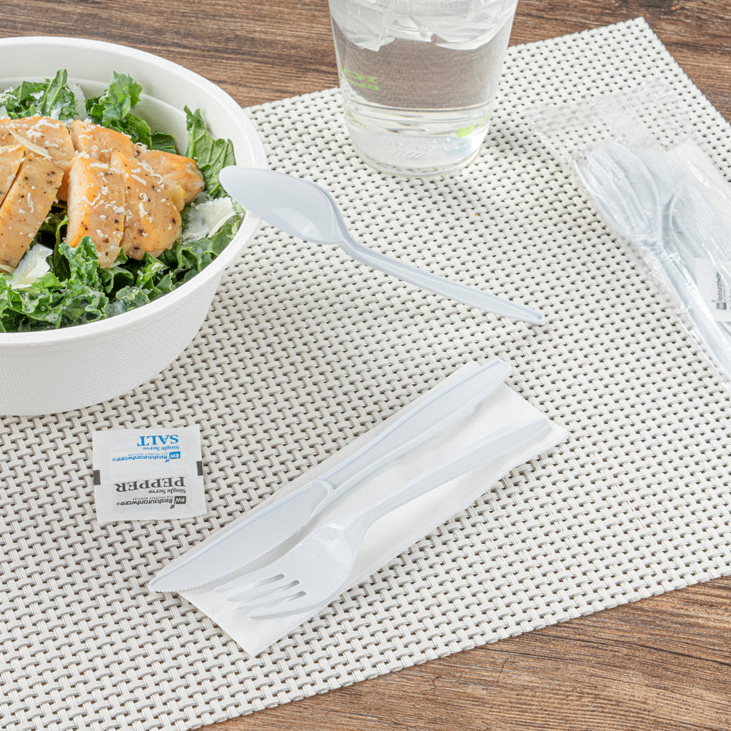 Chef 101 White Plastic Cutlery Set - with Napkin and Salt / Pepper Packets, Medium Weight, Wrapped - 6 1/2" - 250 count box