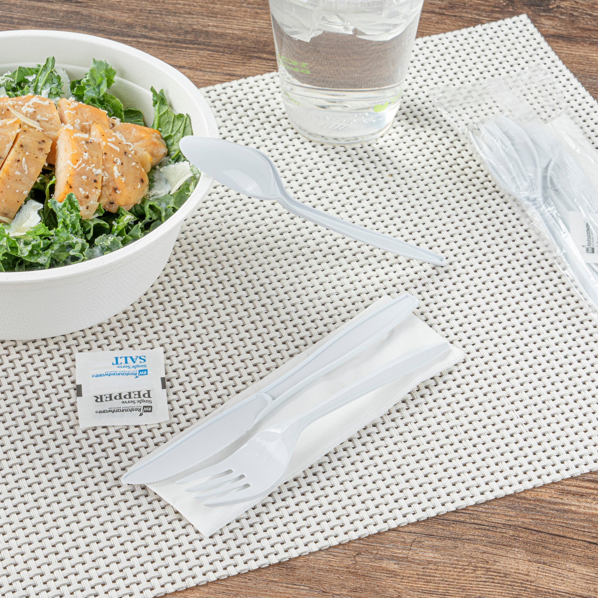 Chef 101 White Plastic Cutlery Set - with Napkin and Salt / Pepper Packets, Medium Weight, Wrapped - 6 1/2" - 250 count box