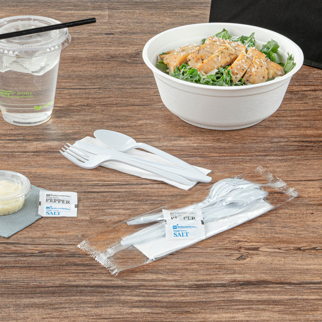 Chef 101 White Plastic Cutlery Set - with Napkin and Salt / Pepper Packets, Medium Weight, Wrapped - 6 1/2" - 500 count box