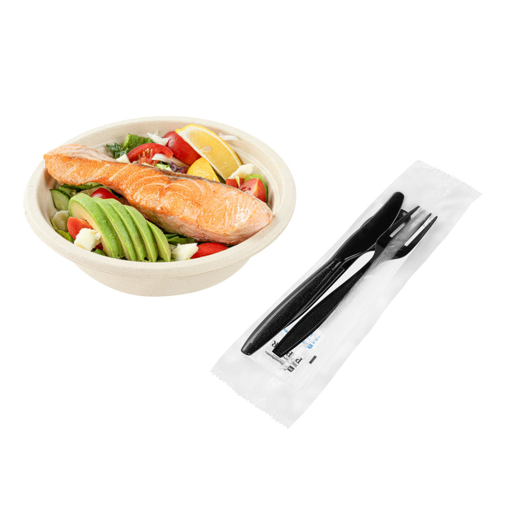 Chef 101 Black Plastic Cutlery Set - with Napkin and Salt / Pepper Packets, Extra Heavy Weight, Wrapped - 7 1/2" - 500 count box