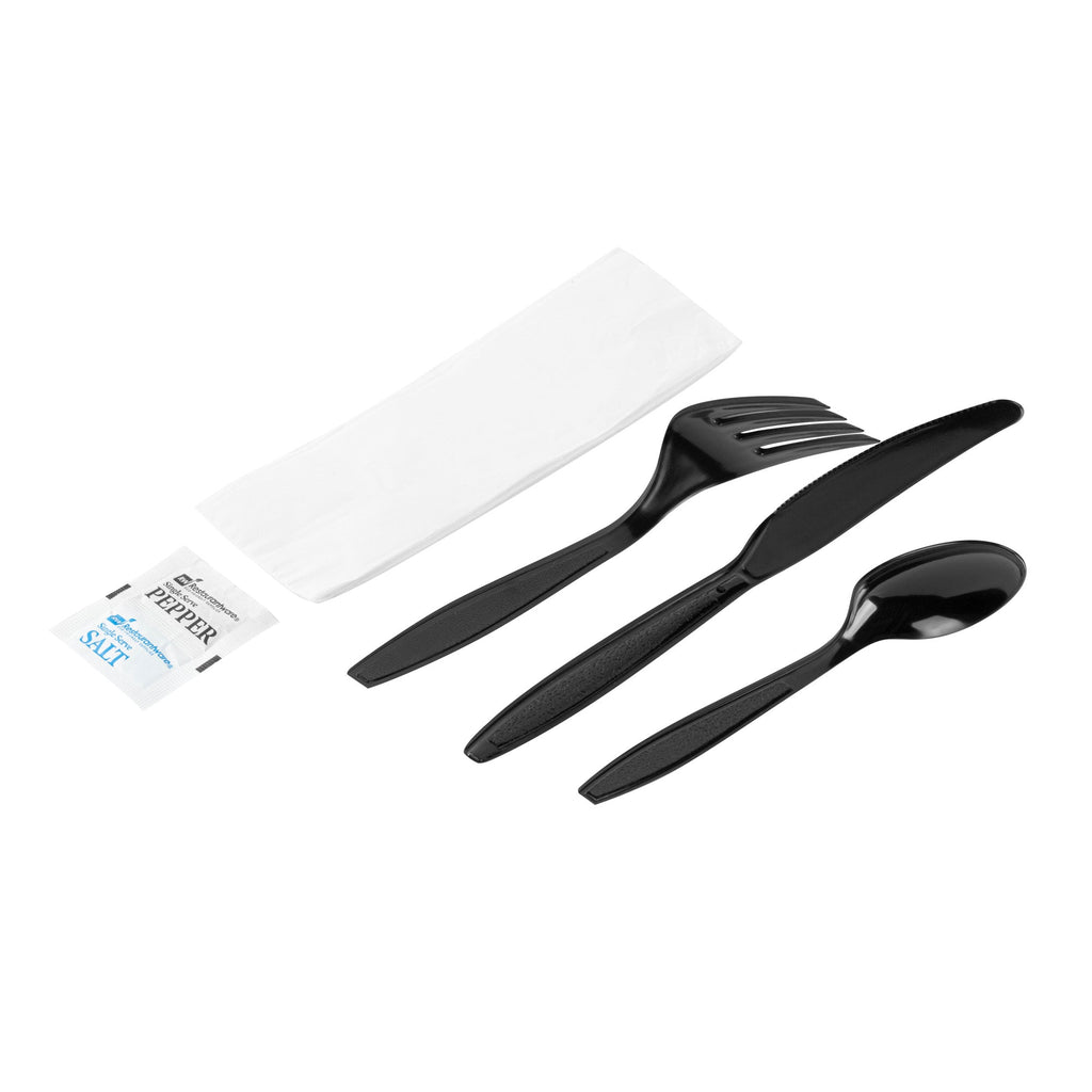 Chef 101 Black Plastic Cutlery Set - with Napkin and Salt / Pepper Packets, Extra Heavy Weight, Wrapped - 7 1/2" - 250 count box