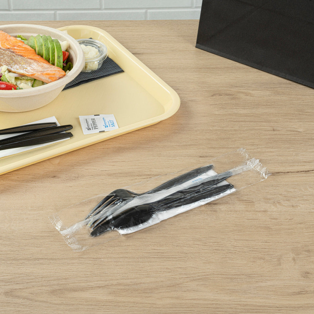 Chef 101 Black Plastic Cutlery Set - with Napkin and Salt / Pepper Packets, Extra Heavy Weight, Wrapped - 7 1/2" - 250 count box