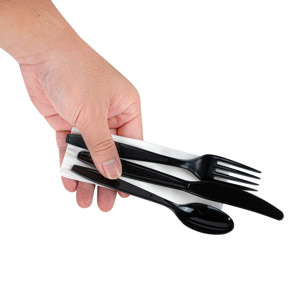 Chef 101 Black Plastic Cutlery Set - with Napkin and Salt / Pepper Packets, Extra Heavy Weight, Wrapped - 7 1/2" - 500 count box