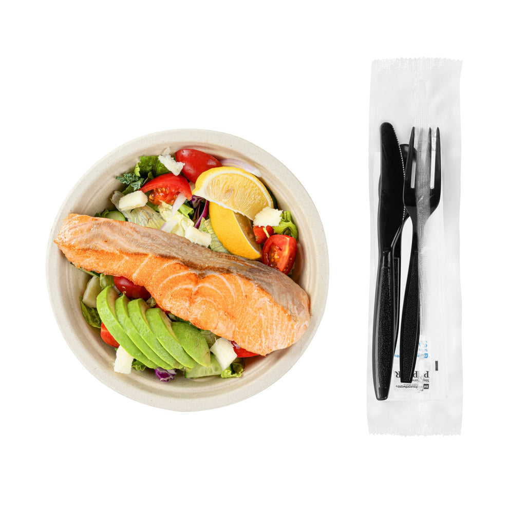 Chef 101 Black Plastic Cutlery Set - with Napkin and Salt / Pepper Packets, Extra Heavy Weight, Wrapped - 7 1/2" - 500 count box