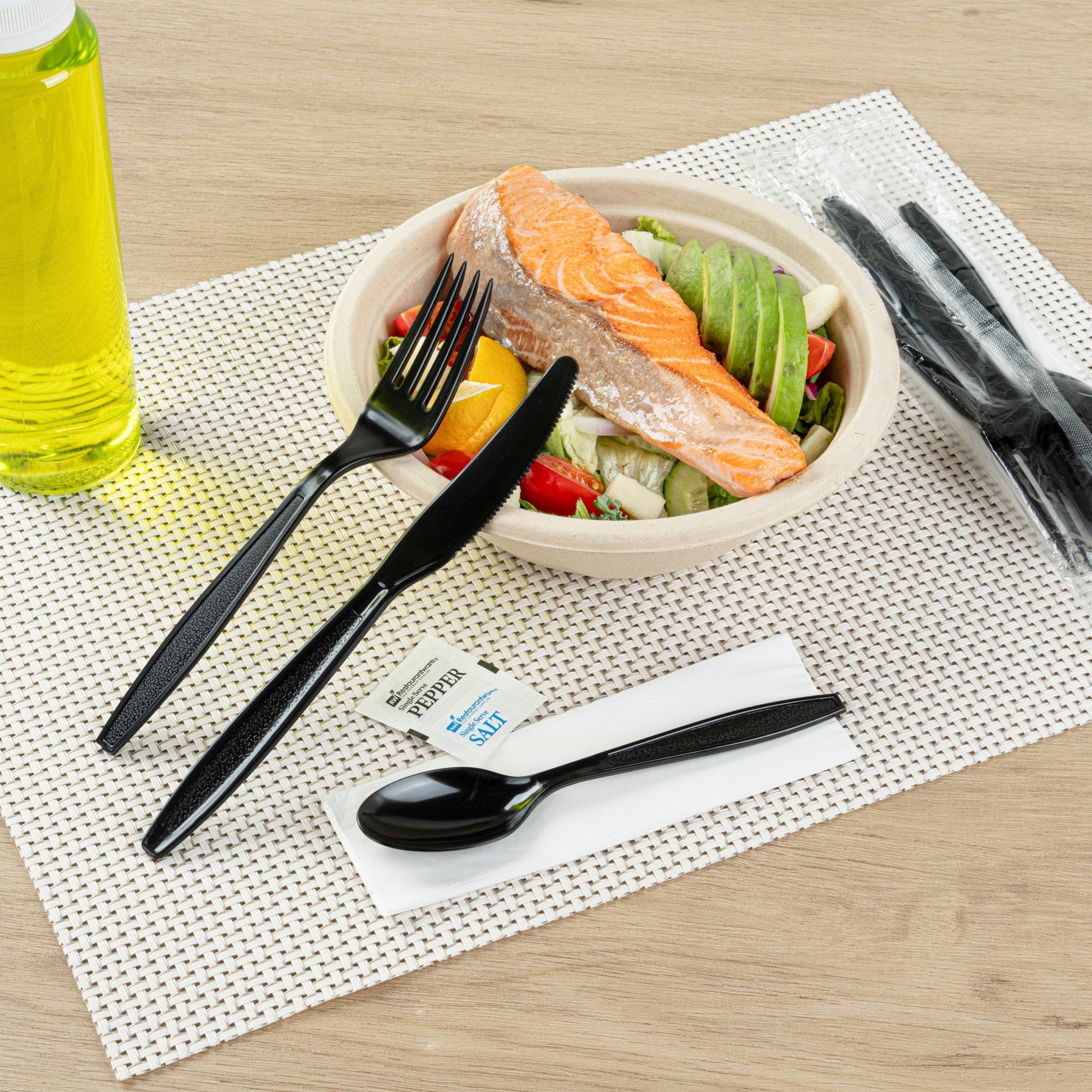 Chef 101 Black Plastic Cutlery Set - with Napkin and Salt / Pepper Packets, Extra Heavy Weight, Wrapped - 7 1/2" - 500 count box