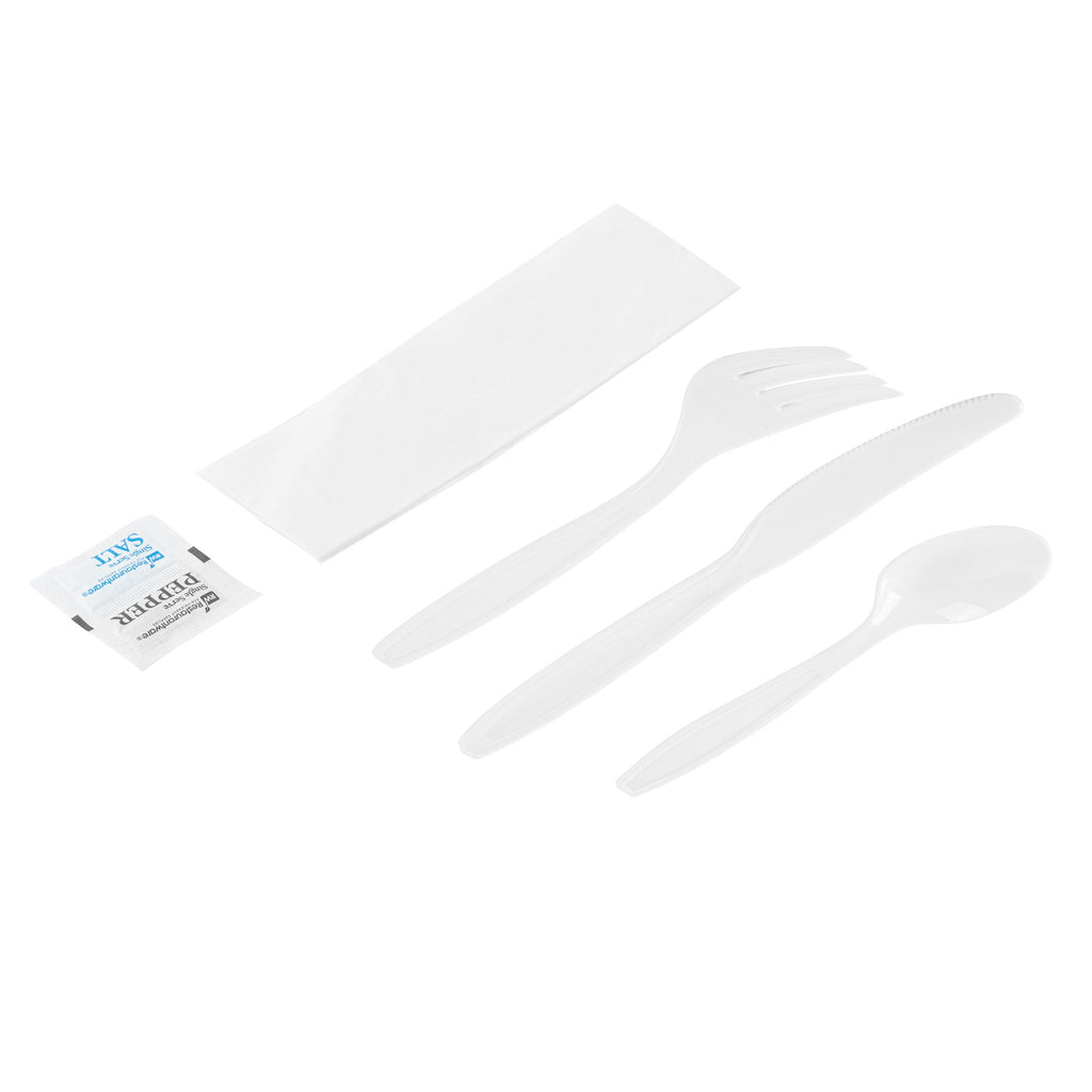 Chef 101 White Plastic Cutlery Set - with Napkin and Salt / Pepper Packets, Extra Heavy Weight, Wrapped - 7 1/2" - 250 count box