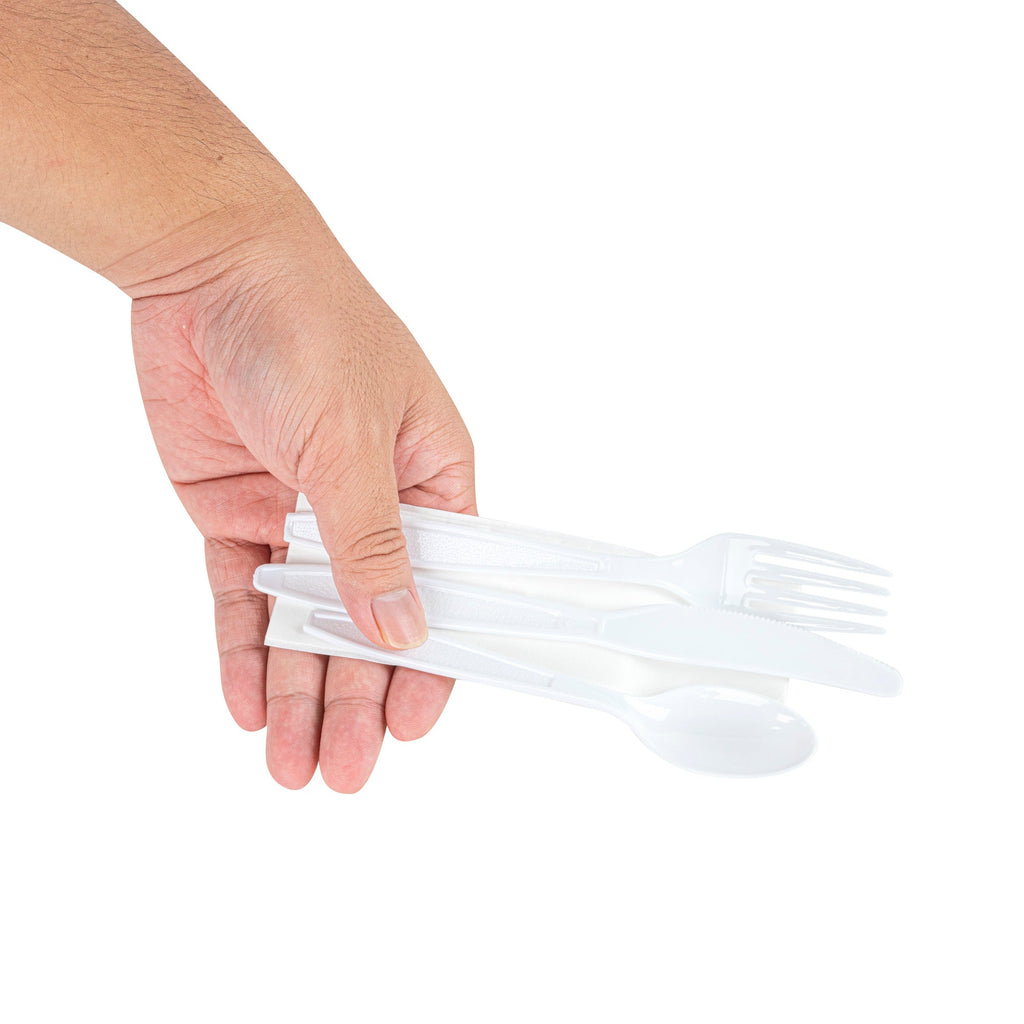 Chef 101 White Plastic Cutlery Set - with Napkin and Salt / Pepper Packets, Extra Heavy Weight, Wrapped - 7 1/2" - 500 count box