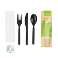Basic Nature Black PLA Plastic Cutlery Set - with Napkin and Salt / Pepper Packets, Wrapped, Compostable - 6 1/4" - 250 count box