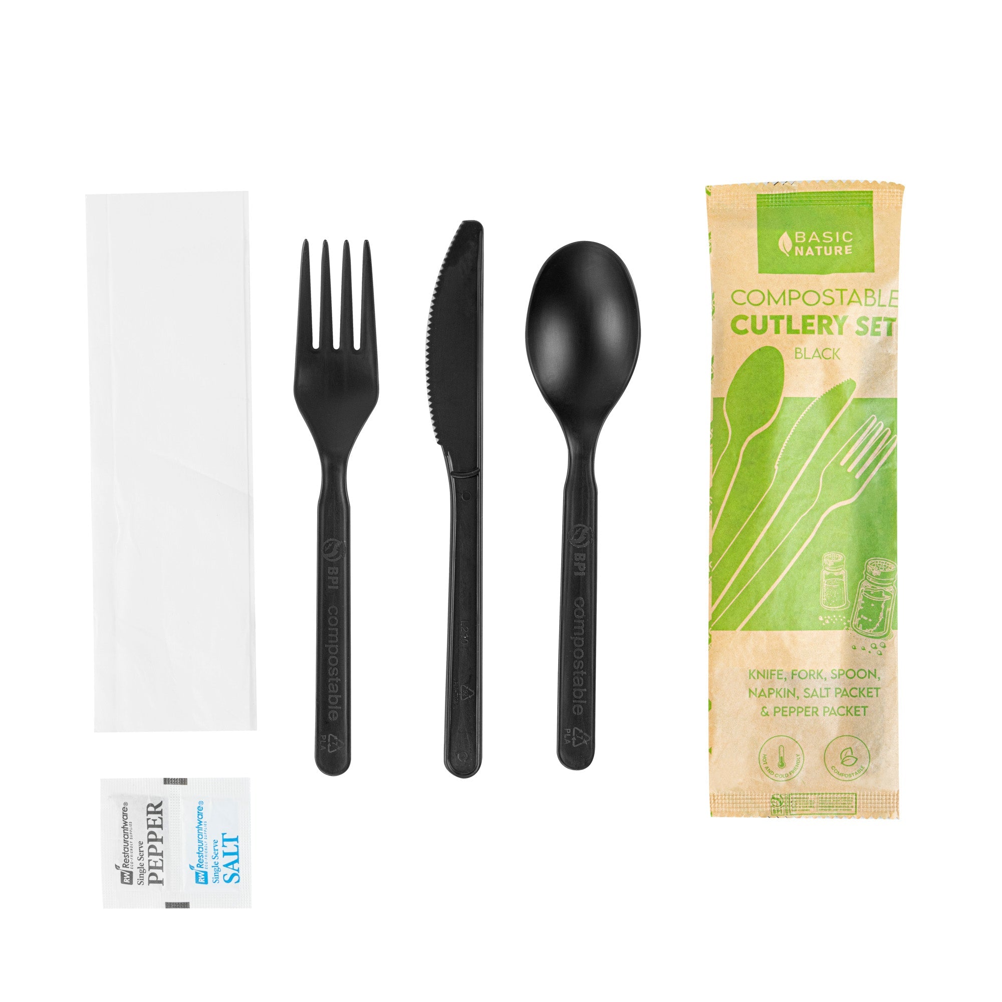 Basic Nature Black PLA Plastic Cutlery Set - with Napkin and Salt / Pepper Packets, Wrapped, Compostable - 6 1/4" - 250 count box