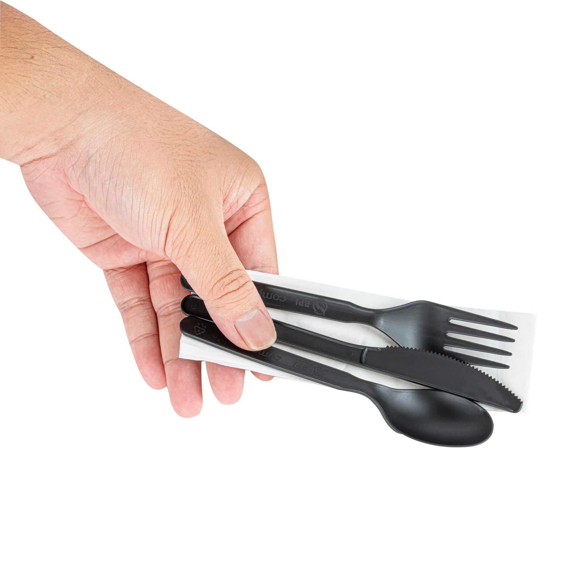 Basic Nature Black PLA Plastic Cutlery Set - with Napkin and Salt / Pepper Packets, Wrapped, Compostable - 6 1/4" - 250 count box