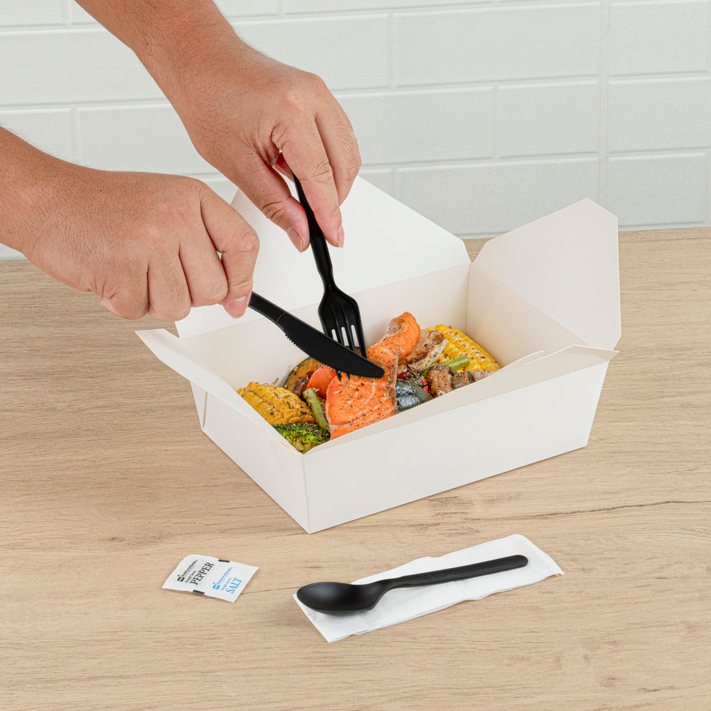 Basic Nature Black PLA Plastic Cutlery Set - with Napkin and Salt / Pepper Packets, Wrapped, Compostable - 6 1/4" - 250 count box