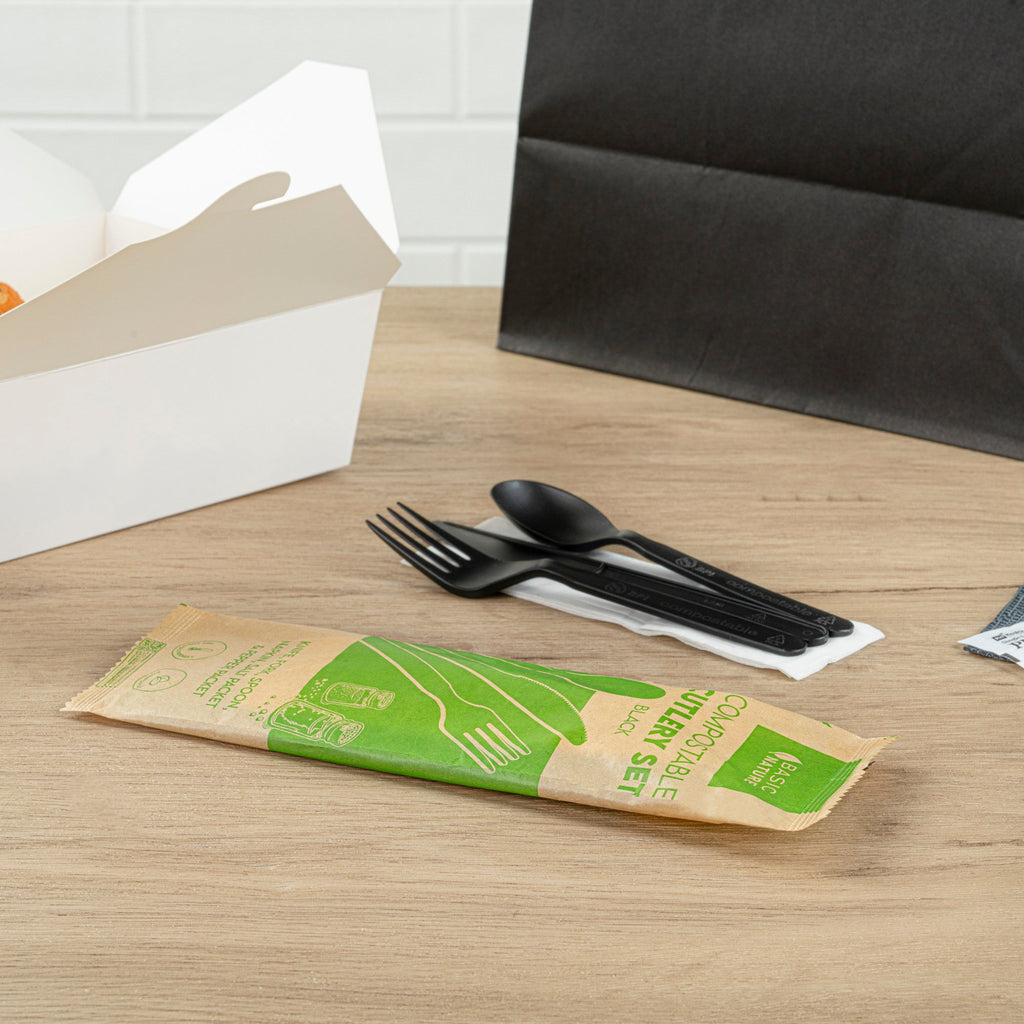 Basic Nature Black PLA Plastic Cutlery Set - with Napkin and Salt / Pepper Packets, Wrapped, Compostable - 6 1/4" - 250 count box