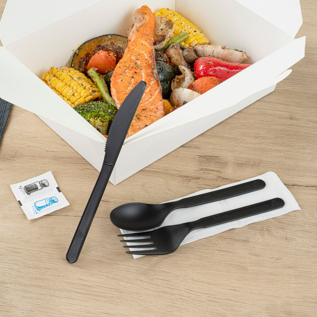 Basic Nature Black PLA Plastic Cutlery Set - with Napkin and Salt / Pepper Packets, Wrapped, Compostable - 6 1/4" - 250 count box