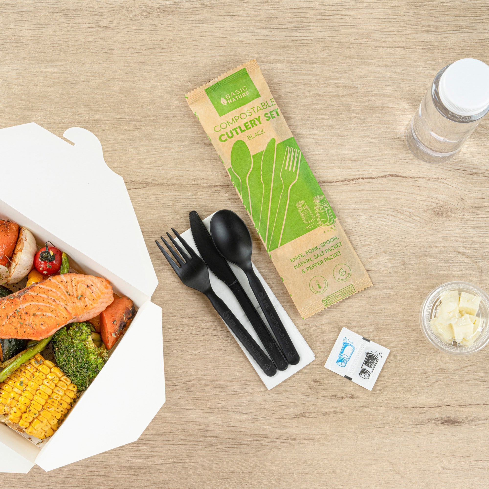 Basic Nature Black PLA Plastic Cutlery Set - with Napkin and Salt / Pepper Packets, Wrapped, Compostable - 6 1/4" - 500 count box