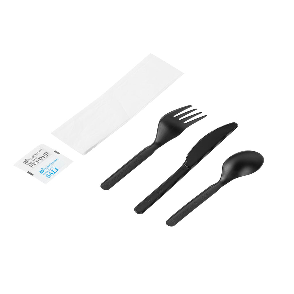 Basic Nature Black PLA Plastic Cutlery Set - with Napkin and Salt / Pepper Packets, Wrapped, Compostable - 6 1/4" - 500 count box