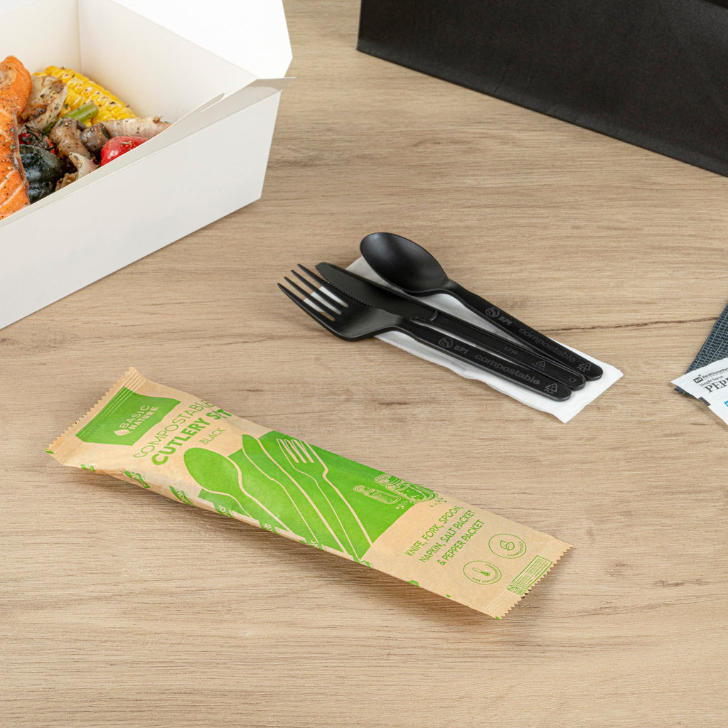Basic Nature Black PLA Plastic Cutlery Set - with Napkin and Salt / Pepper Packets, Wrapped, Compostable - 6 1/4" - 500 count box