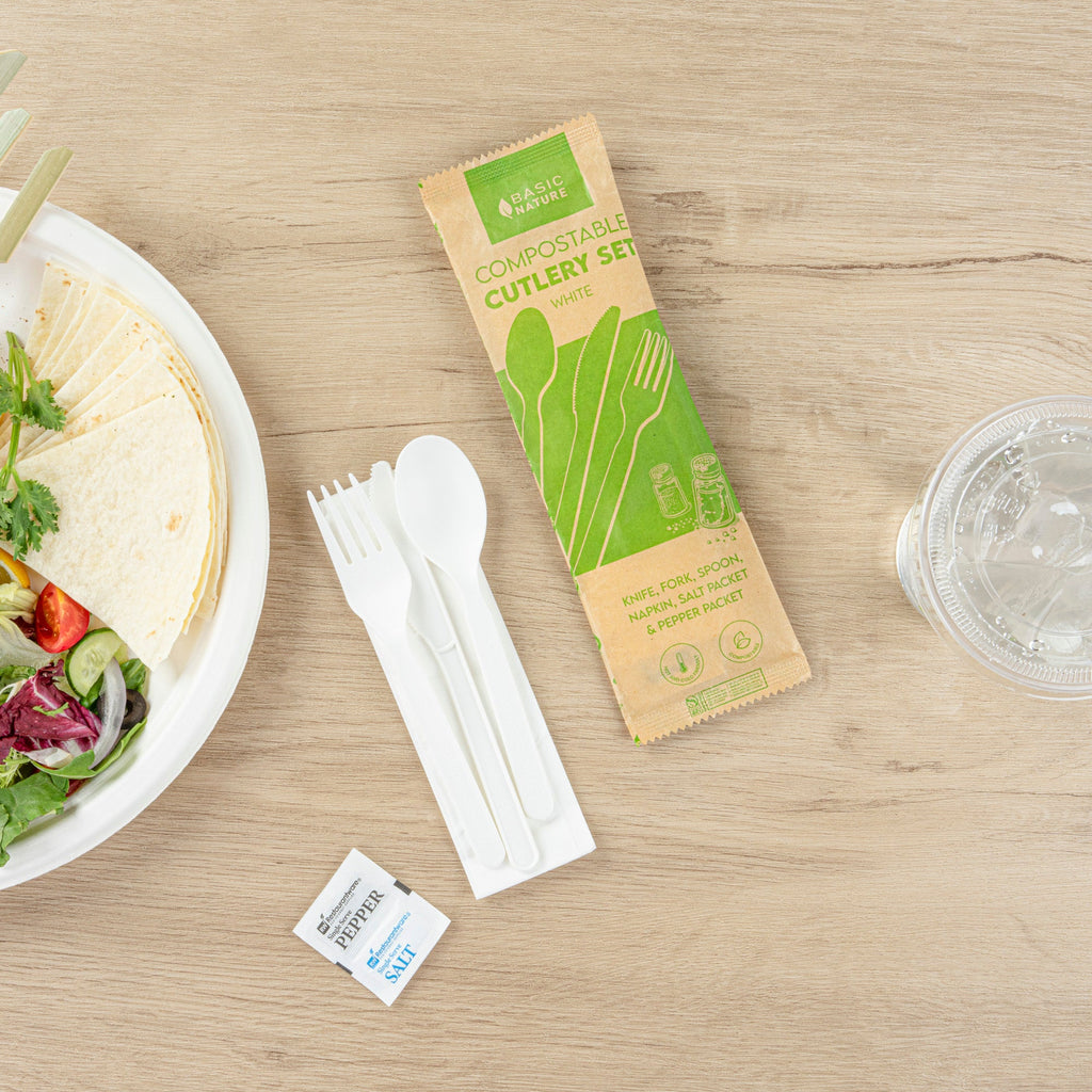 Basic Nature White PLA Plastic Cutlery Set - with Napkin and Salt / Pepper Packets, Wrapped, Compostable - 6 1/4" - 250 count box