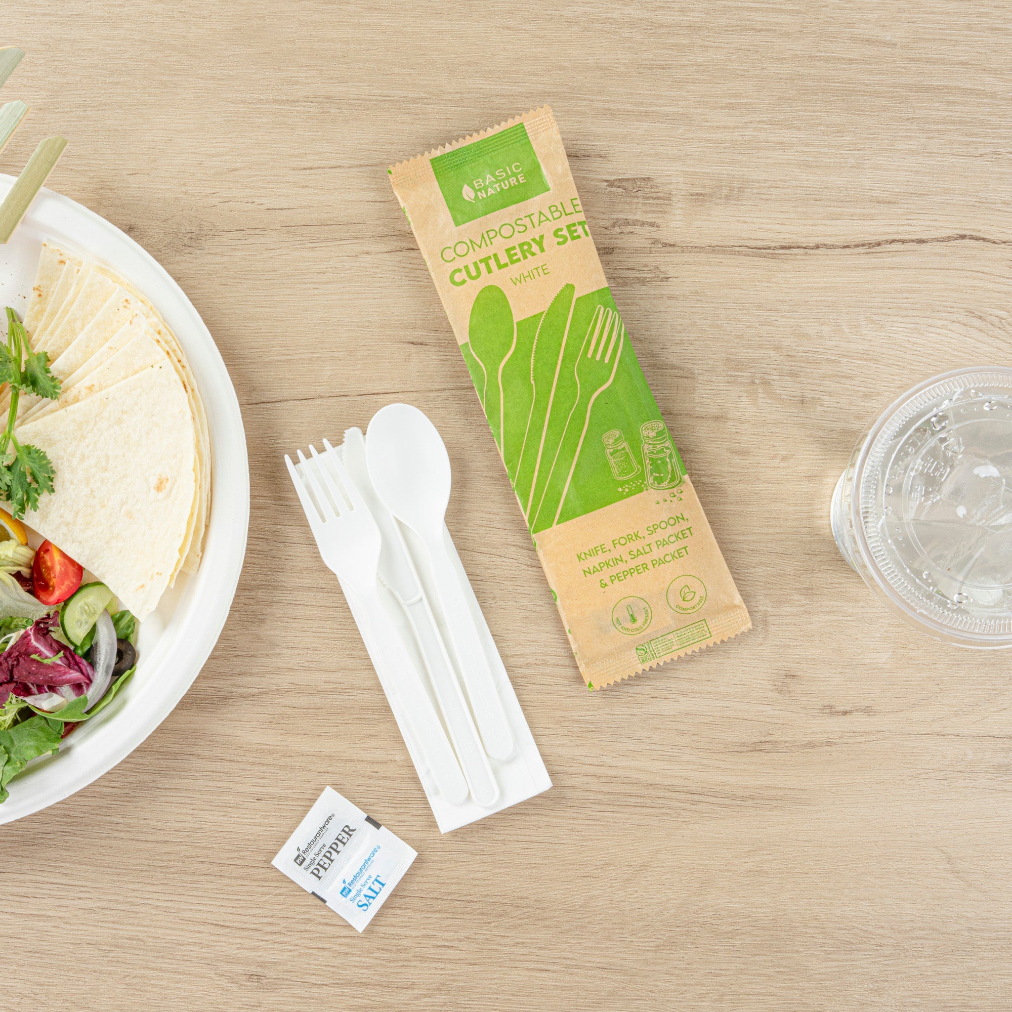 Basic Nature White PLA Plastic Cutlery Set - with Napkin and Salt / Pepper Packets, Wrapped, Compostable - 6 1/4" - 250 count box