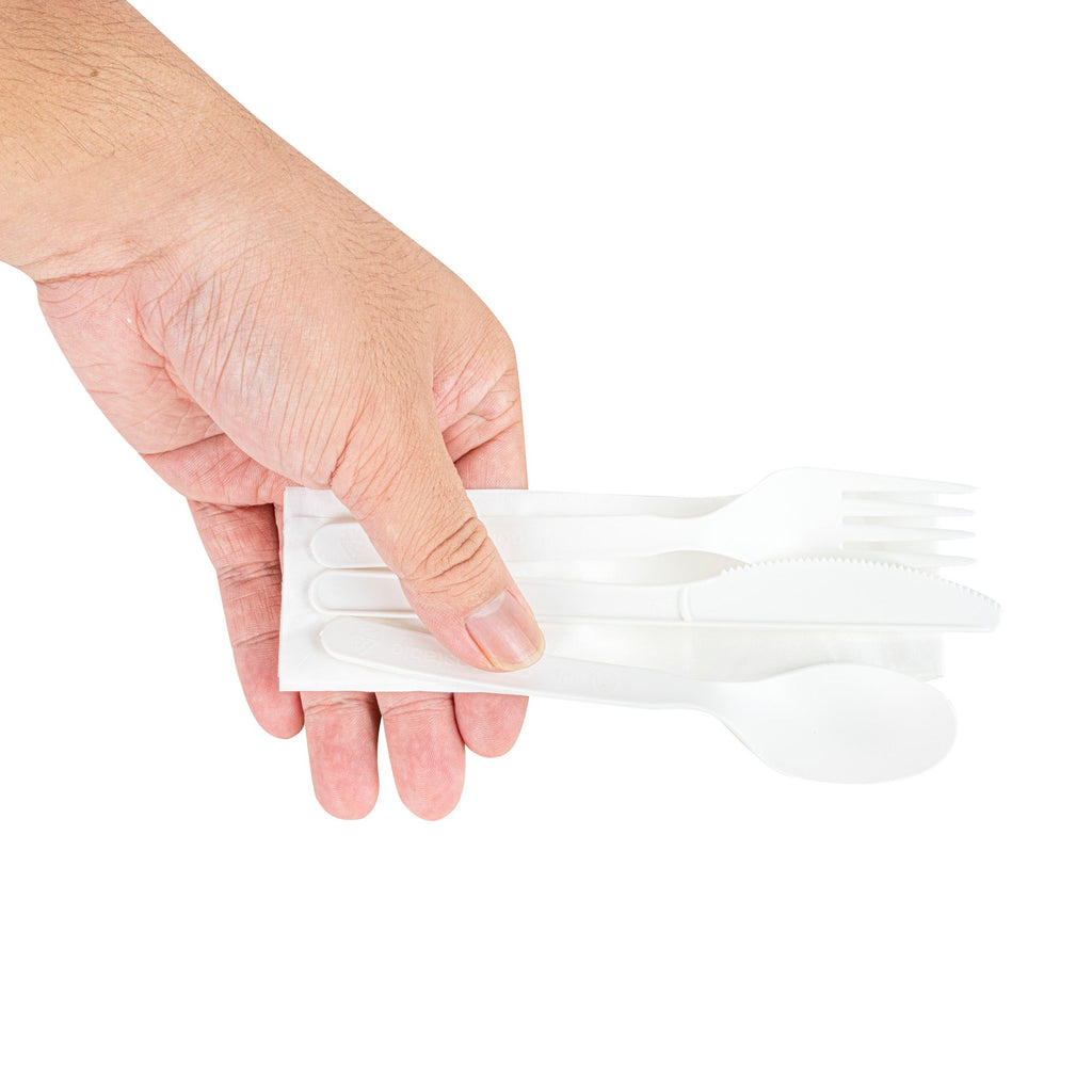 Basic Nature White PLA Plastic Cutlery Set - with Napkin and Salt / Pepper Packets, Wrapped, Compostable - 6 1/4" - 250 count box