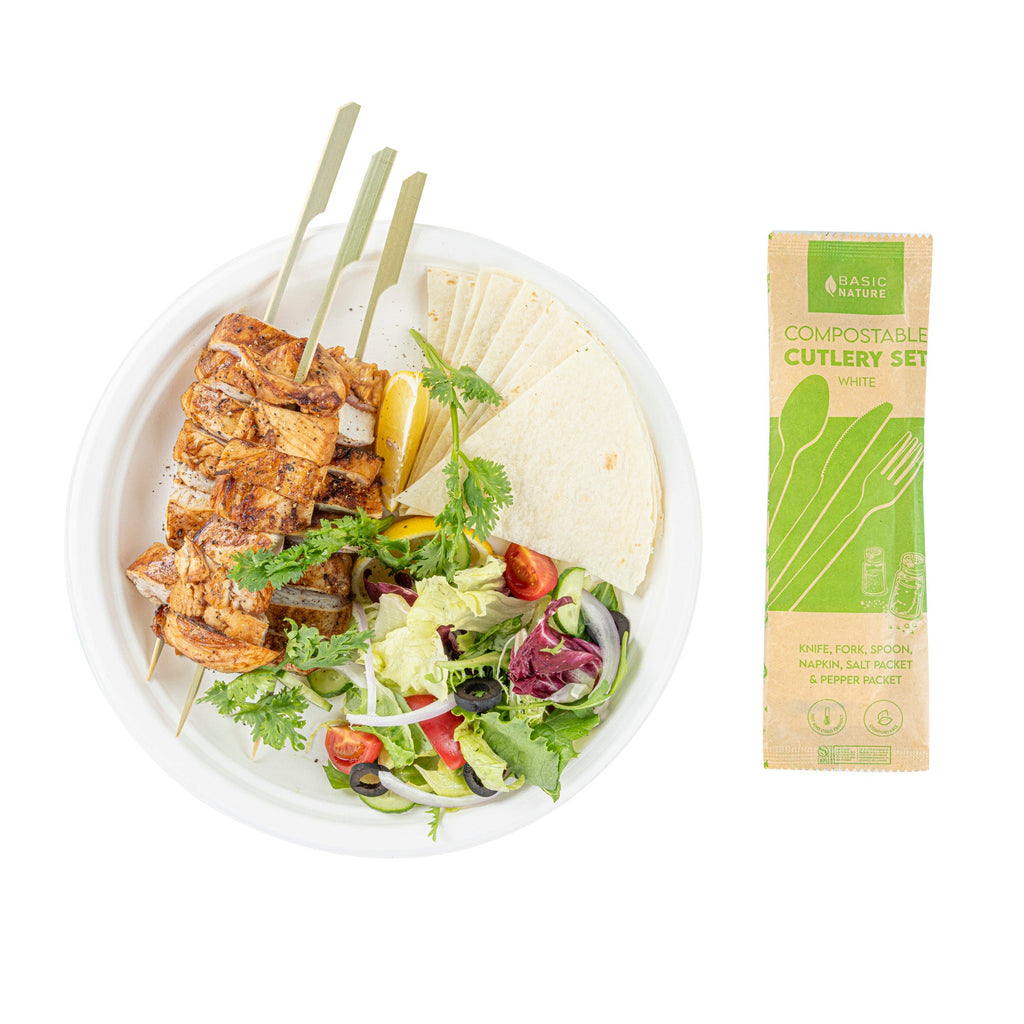 Basic Nature White PLA Plastic Cutlery Set - with Napkin and Salt / Pepper Packets, Wrapped, Compostable - 6 1/4" - 250 count box