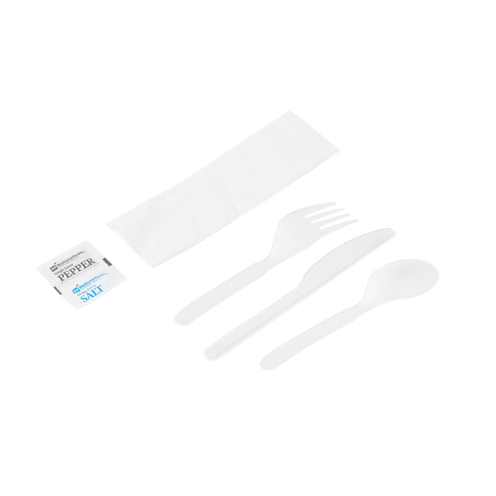 Basic Nature White PLA Plastic Cutlery Set - with Napkin and Salt / Pepper Packets, Wrapped, Compostable - 6 1/4" - 250 count box