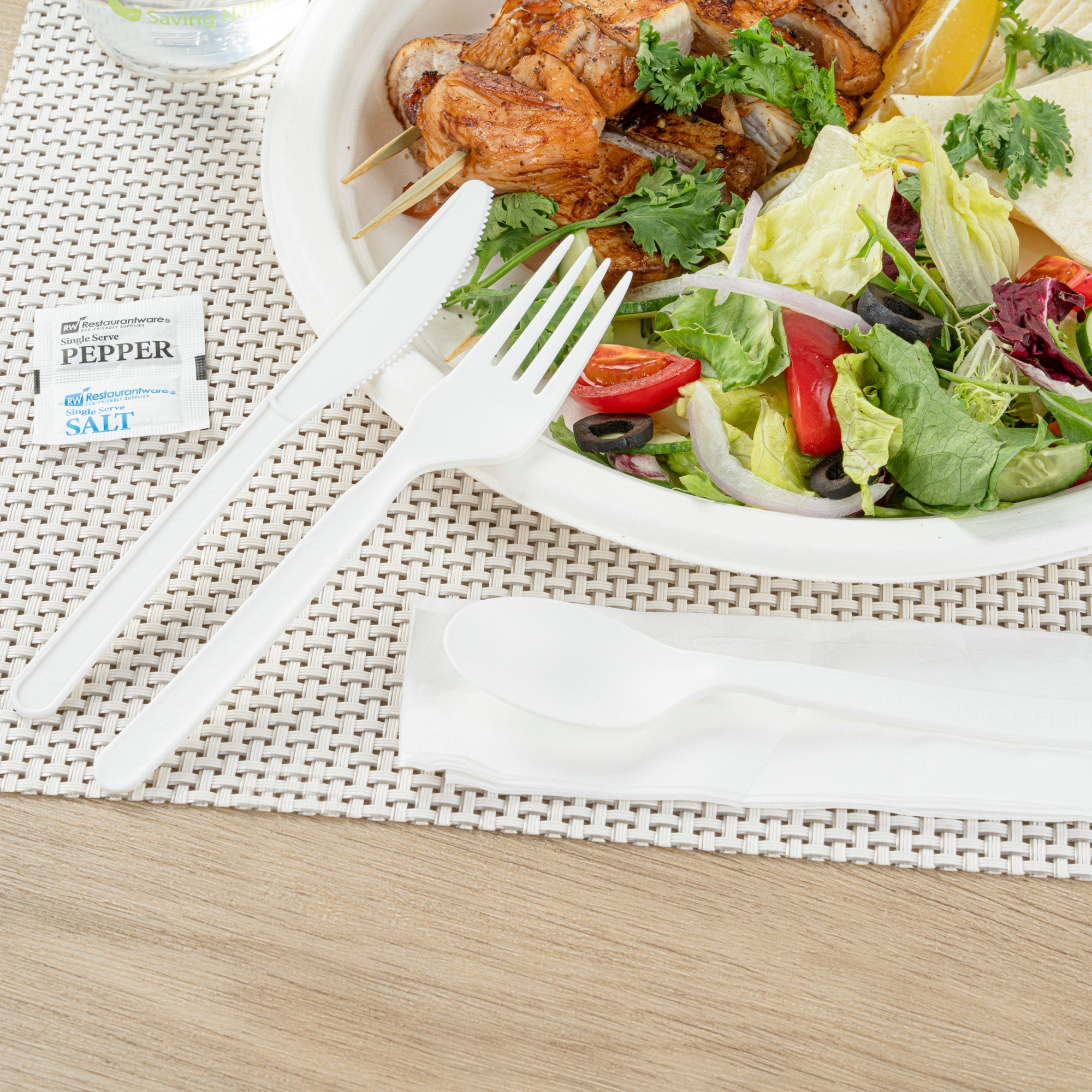 Basic Nature White PLA Plastic Cutlery Set - with Napkin and Salt / Pepper Packets, Wrapped, Compostable - 6 1/4" - 250 count box