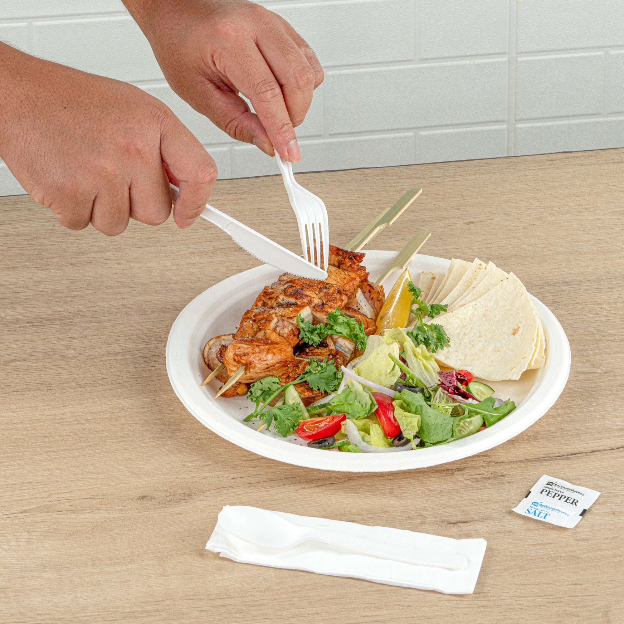 Basic Nature White PLA Plastic Cutlery Set - with Napkin and Salt / Pepper Packets, Wrapped, Compostable - 6 1/4" - 500 count box