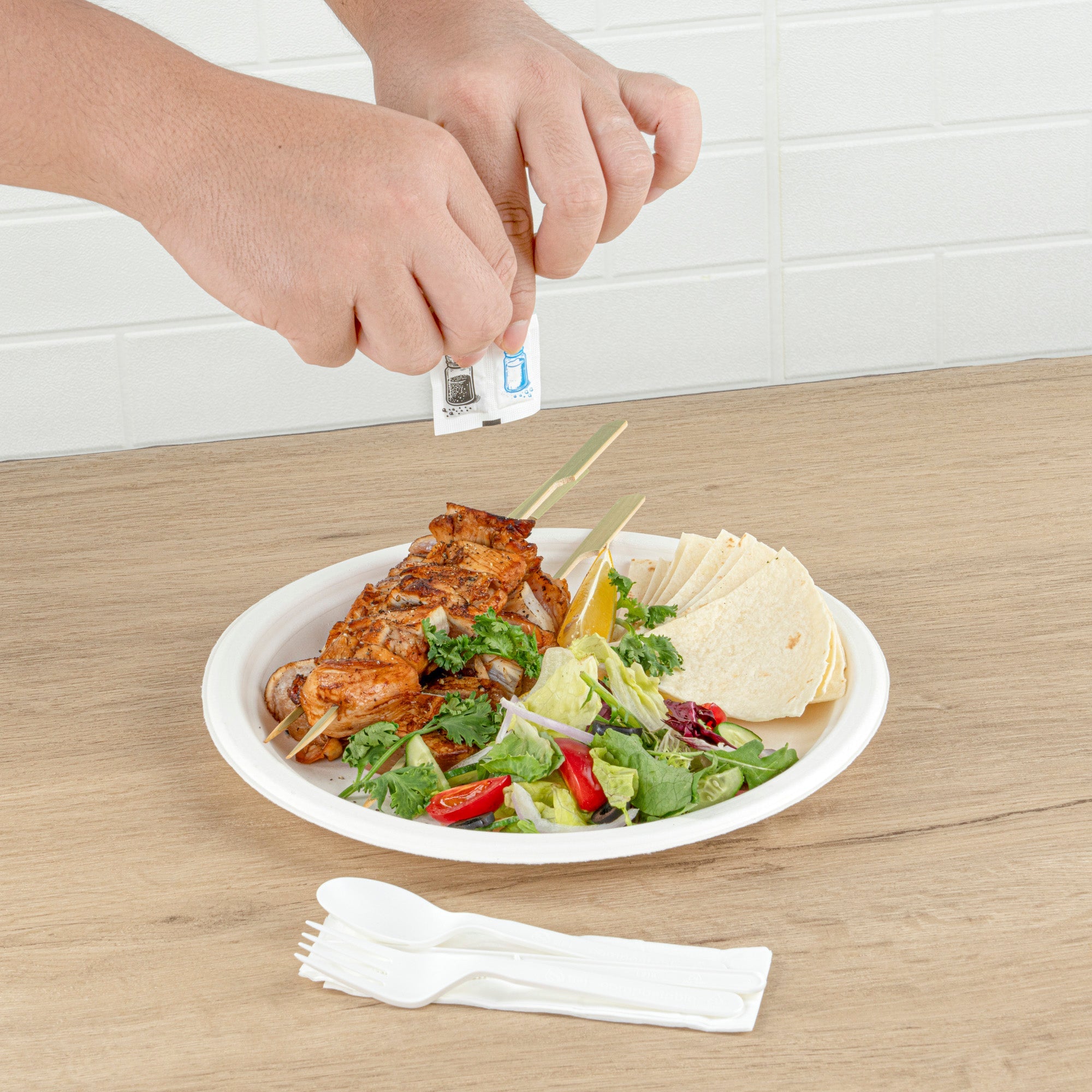 Basic Nature White PLA Plastic Cutlery Set - with Napkin and Salt / Pepper Packets, Wrapped, Compostable - 6 1/4" - 500 count box