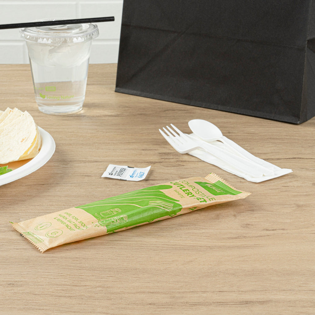 Basic Nature White PLA Plastic Cutlery Set - with Napkin and Salt / Pepper Packets, Wrapped, Compostable - 6 1/4" - 500 count box