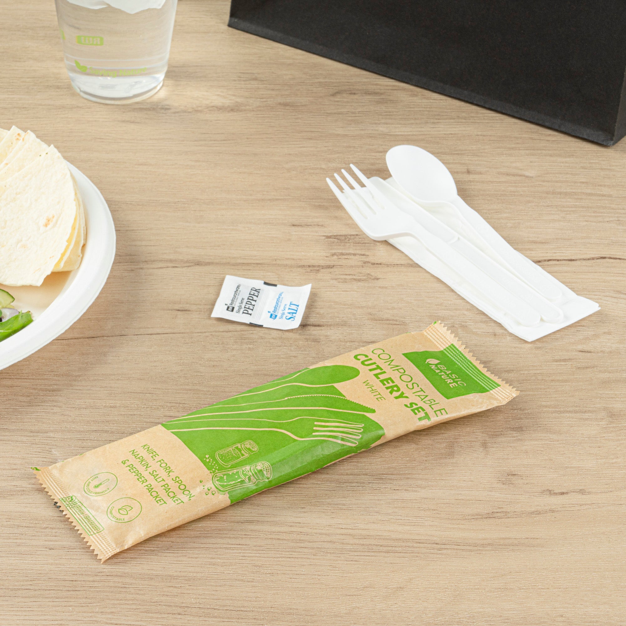 Basic Nature White PLA Plastic Cutlery Set - with Napkin and Salt / Pepper Packets, Wrapped, Compostable - 6 1/4" - 500 count box