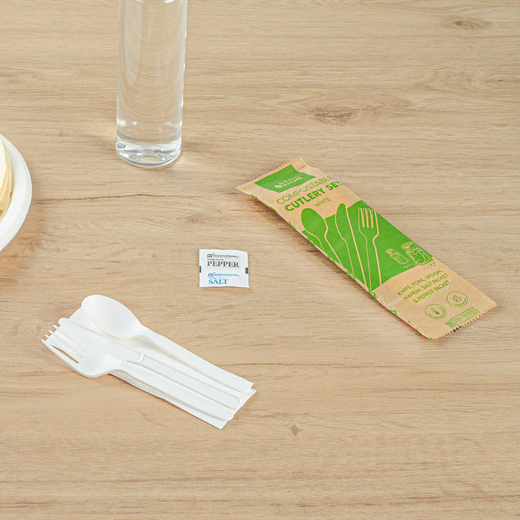 Basic Nature White PLA Plastic Cutlery Set - with Napkin and Salt / Pepper Packets, Wrapped, Compostable - 6 1/4" - 500 count box