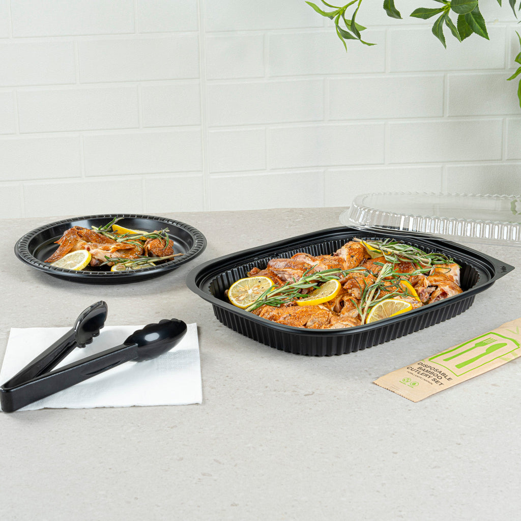 Chef 101 59 oz Rectangle Black Plastic Food Container - Microwavable - 13 1/2" x 9 1/2" x 1 1/2" - 100 count box