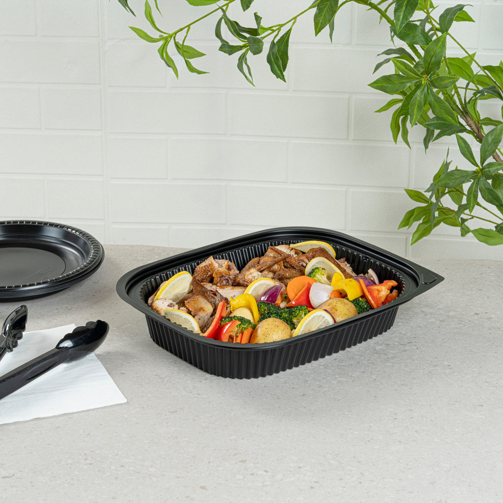 Chef 101 88 oz Rectangle Black Plastic Food Container - Microwavable - 13 1/2" x 9 1/2" x 2 1/4" - 20 count box