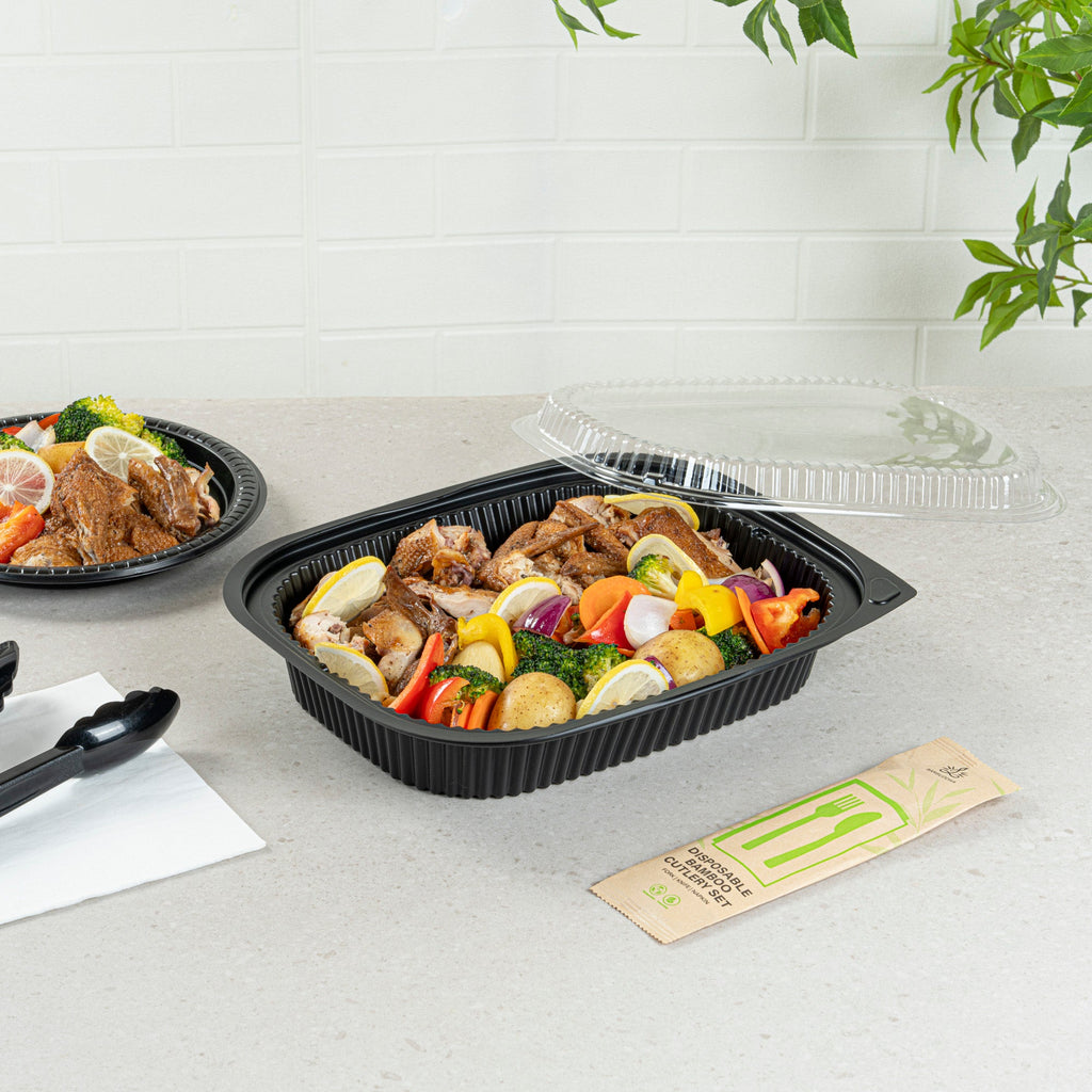Chef 101 88 oz Rectangle Black Plastic Food Container - Microwavable - 13 1/2" x 9 1/2" x 2 1/4" - 100 count box