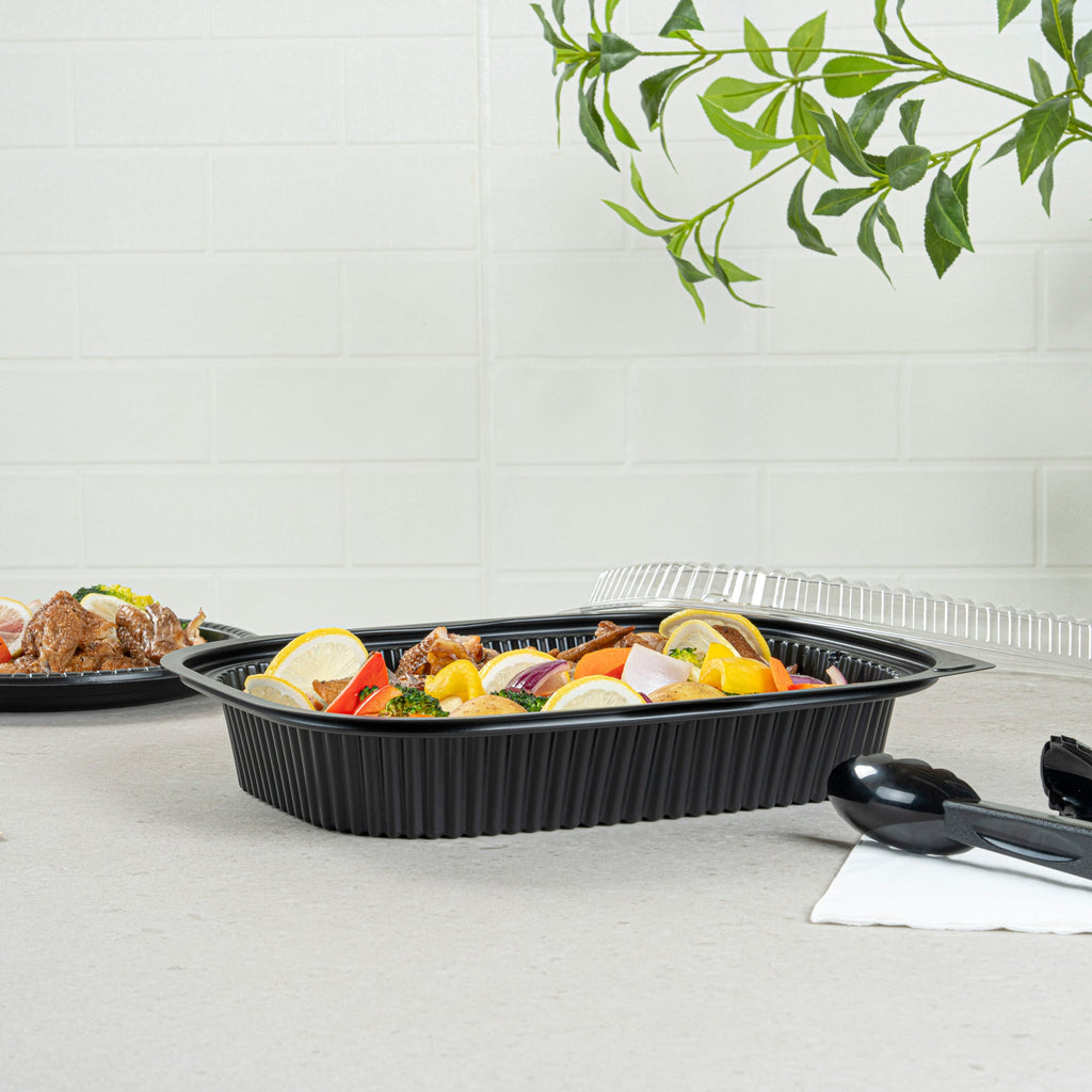 Chef 101 88 oz Rectangle Black Plastic Food Container - Microwavable - 13 1/2" x 9 1/2" x 2 1/4" - 100 count box
