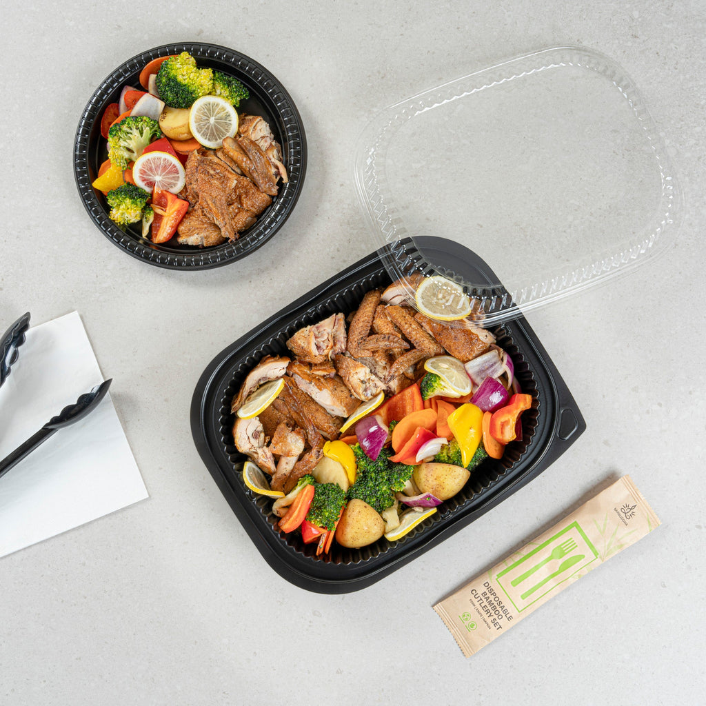 Chef 101 88 oz Rectangle Black Plastic Food Container - Microwavable - 13 1/2" x 9 1/2" x 2 1/4" - 100 count box