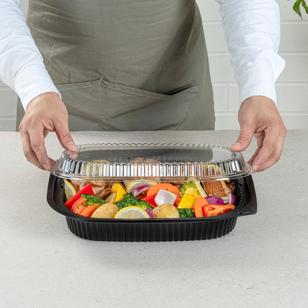 Chef 101 Rectangle Clear Plastic Lid - Microwavable, Fits 59 oz & 88 oz Food Containers - 13 1/2" x 9 1/2" x 1" - 100 count box