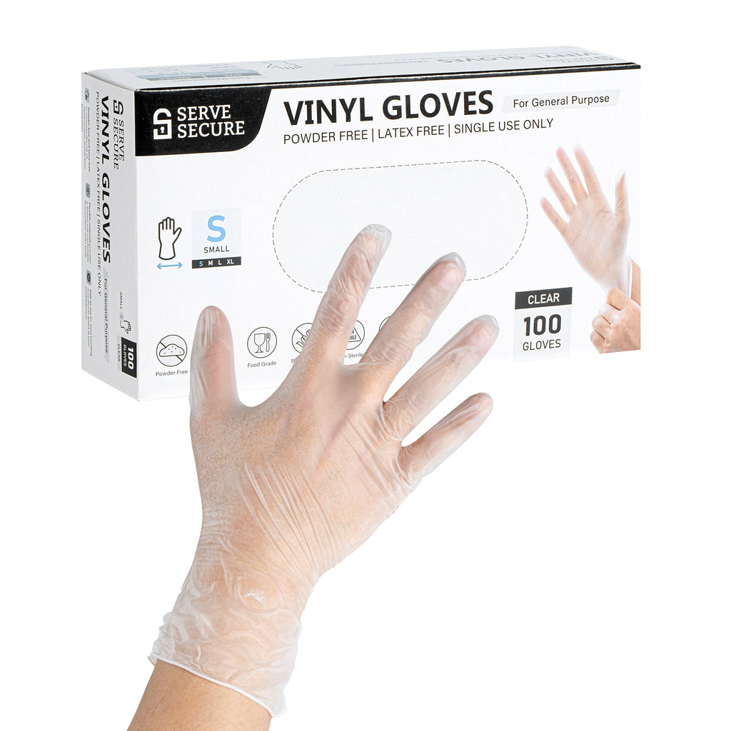 Serve Secure Clear Small Vinyl Gloves - Powder-Free, Latex-Free - 9" x 3 1/4" - 100 count box