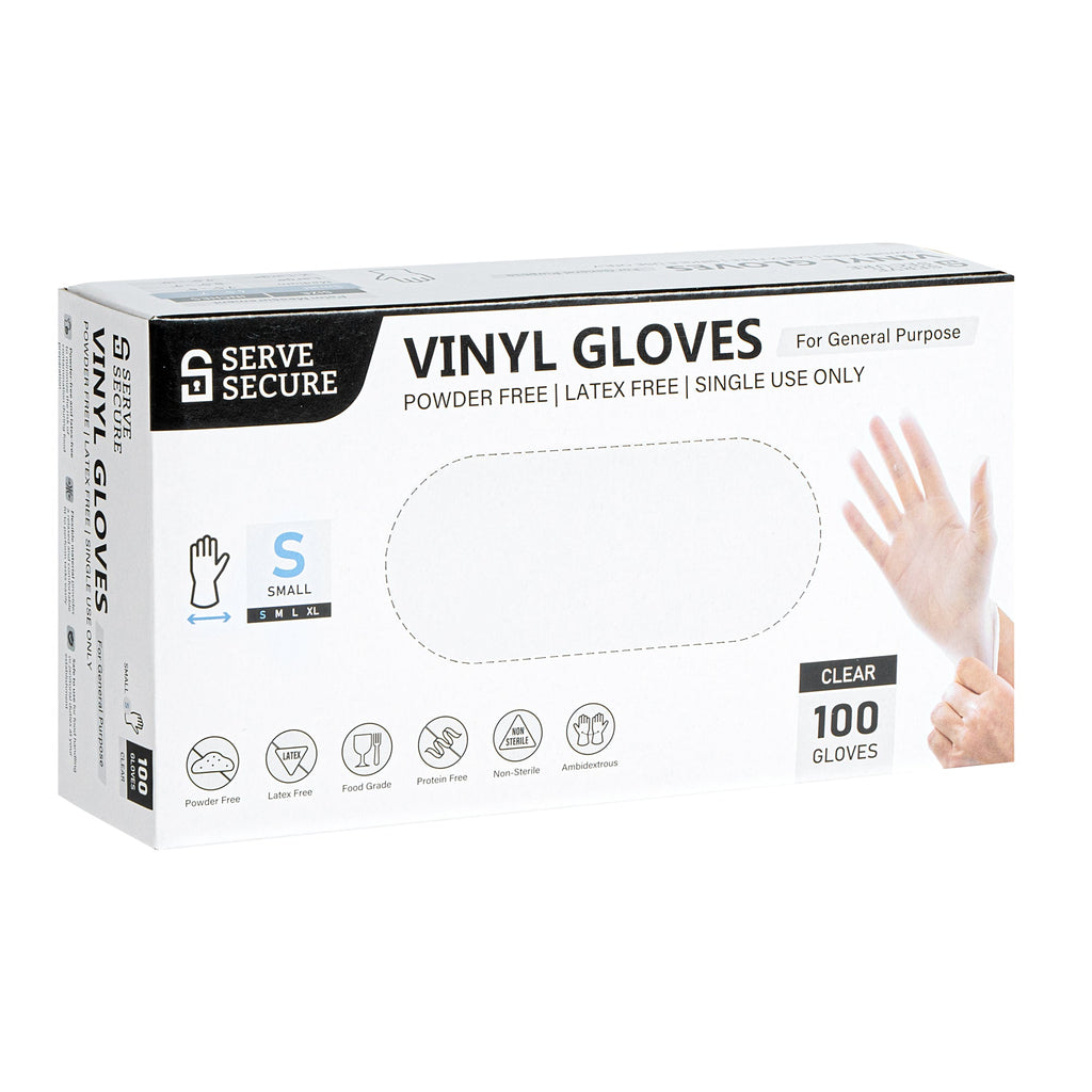 Serve Secure Clear Small Vinyl Gloves - Powder-Free, Latex-Free - 9" x 3 1/4" - 100 count box