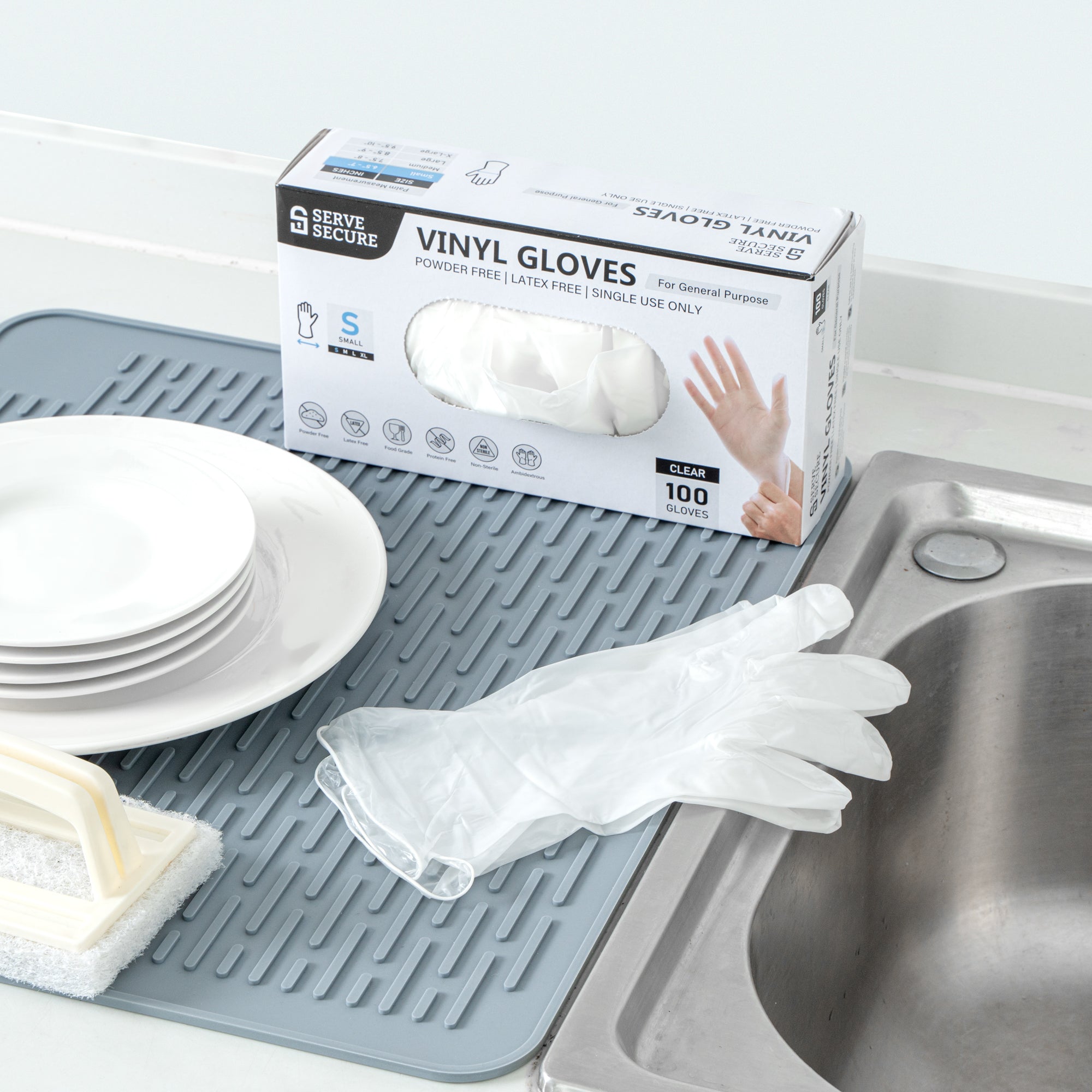 Serve Secure Clear Small Vinyl Gloves - Powder-Free, Latex-Free - 9" x 3 1/4" - 100 count box