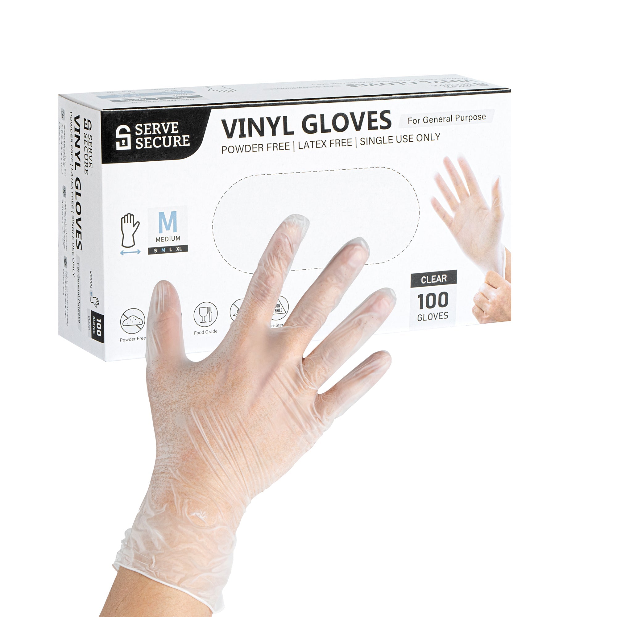 Serve Secure Clear Medium Vinyl Gloves - Powder-Free, Latex-Free - 9" x 3 3/4" - 100 count box