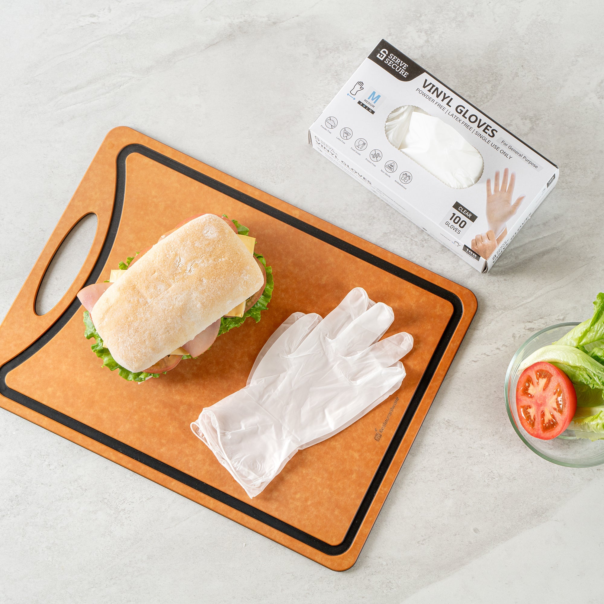Serve Secure Clear Medium Vinyl Gloves - Powder-Free, Latex-Free - 9" x 3 3/4" - 100 count box